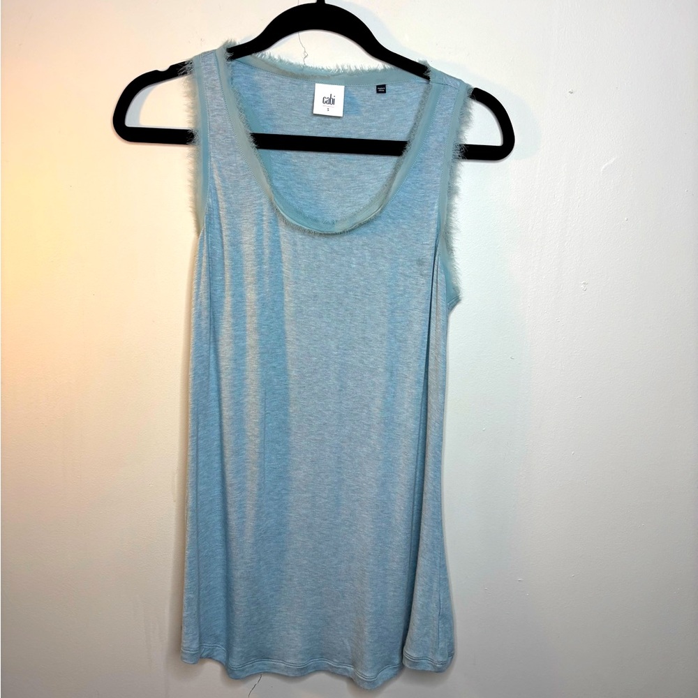 CABI sleeveless blouse top soft blue green color with eyelash trim size small